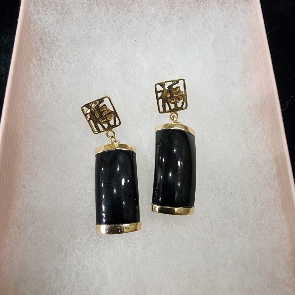 14K yellow gold onyx chinese character drop earrings